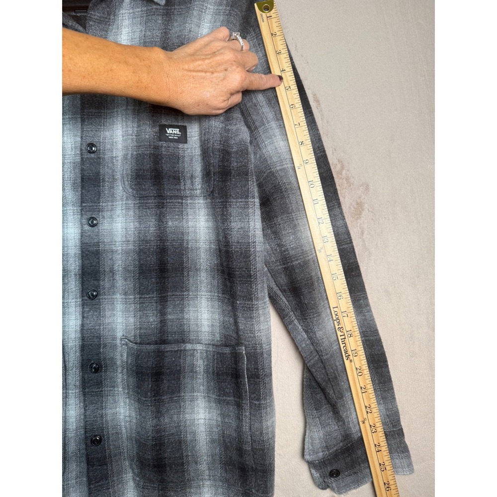 Vans Mens Large Grey Black Plaid Flannel Chore Shirt Jacket 100% Cotton - Picture 6 of 12